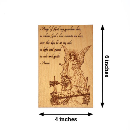 Guardian Angel Mini Wall Hanging – Hand-Colored - 4x6 Engraved Birch Wood Plaque – Made in the USA by SercelPress™ – Catholic Gift