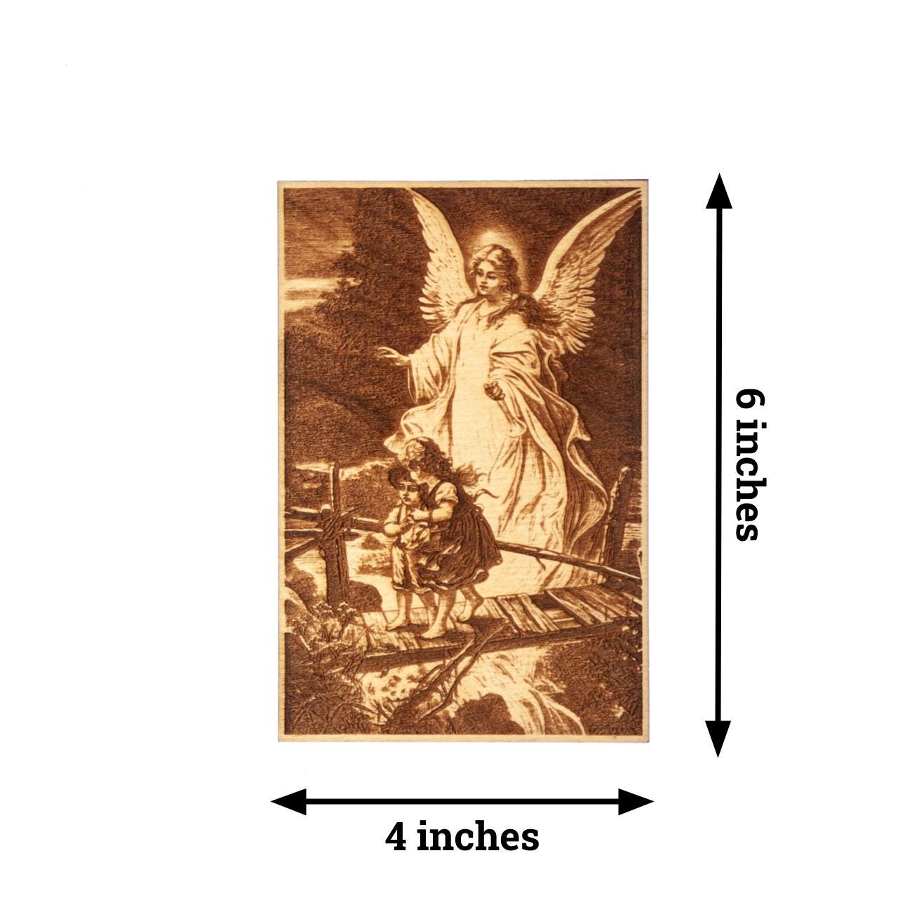 Guardian Angel Mini Wall Hanging – Hand-Colored - 4x6 Engraved Birch Wood Plaque – Made in the USA by SercelPress™ – Catholic Gift