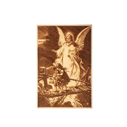 Guardian Angel Mini Wall Hanging – Hand-Colored - 4x6 Engraved Birch Wood Plaque – Made in the USA by SercelPress™ – Catholic Gift