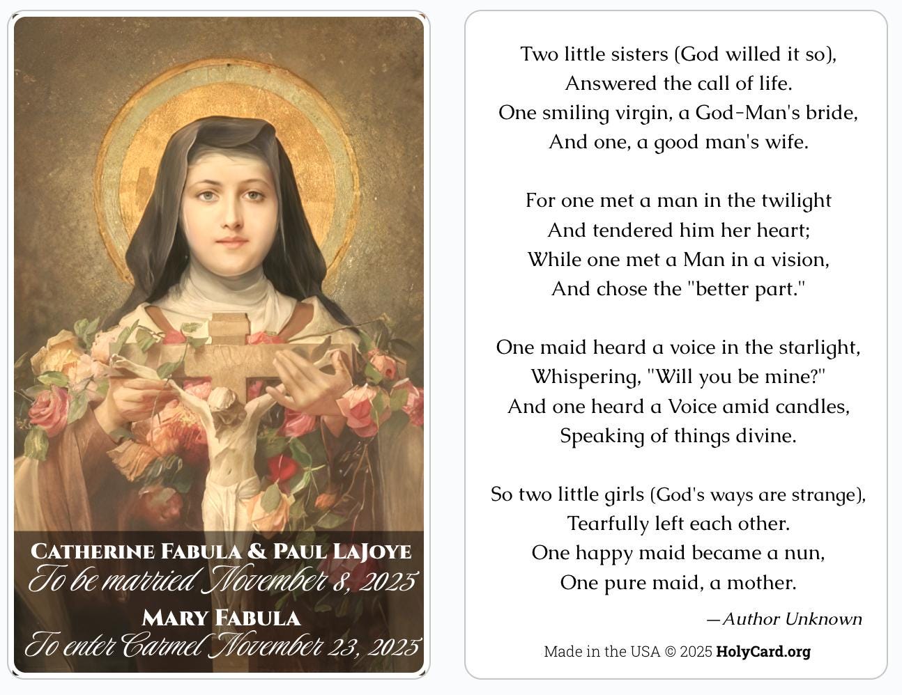 100 x Personalized St. Therese Event Holy Cards