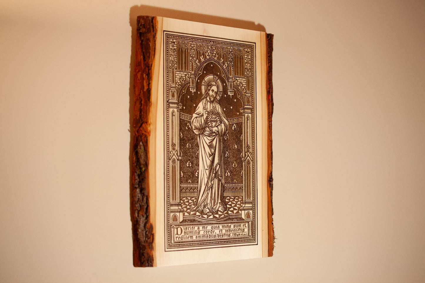 Our Lady of Grace 9" x 11" Laser-Engraved Wood Wall Art with Bark Edge, Engraved in the USA, Catholic Living