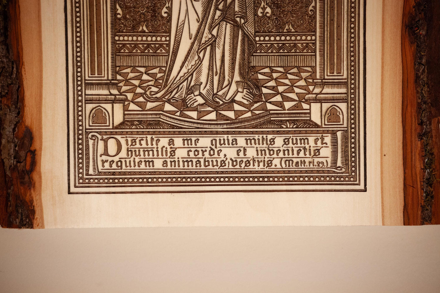 Our Lady of Grace 9" x 11" Laser-Engraved Wood Wall Art with Bark Edge, Engraved in the USA, Catholic Living