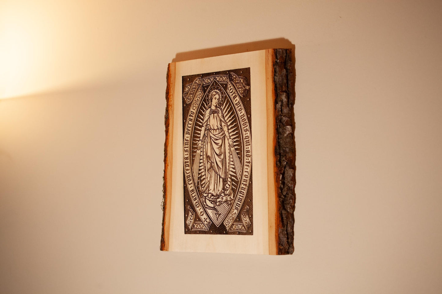 Our Lady of Grace 9" x 11" Laser-Engraved Wood Wall Art with Bark Edge, Engraved in the USA, Catholic Living