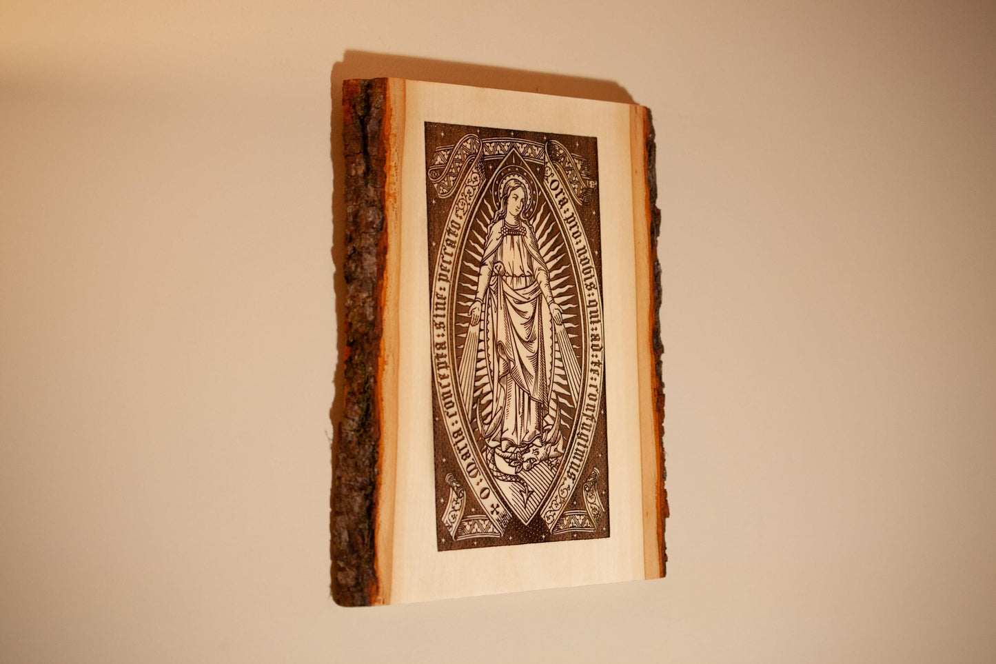 Our Lady of Grace 9" x 11" Laser-Engraved Wood Wall Art with Bark Edge, Engraved in the USA, Catholic Living
