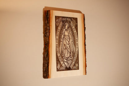 Our Lady of Grace 9" x 11" Laser-Engraved Wood Wall Art with Bark Edge, Engraved in the USA, Catholic Living