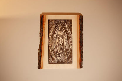 Our Lady of Grace 9" x 11" Laser-Engraved Wood Wall Art with Bark Edge, Engraved in the USA, Catholic Living