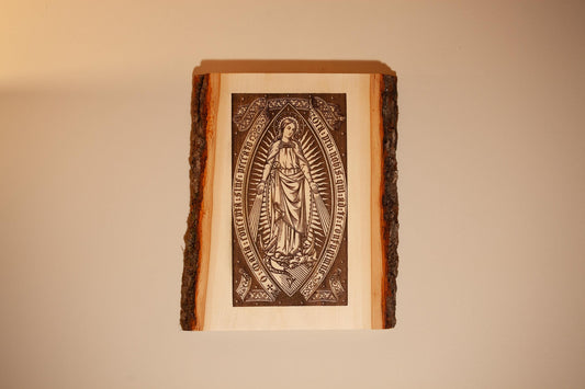Our Lady of Grace 9" x 11" Laser-Engraved Wood Wall Art with Bark Edge, Engraved in the USA, Catholic Living