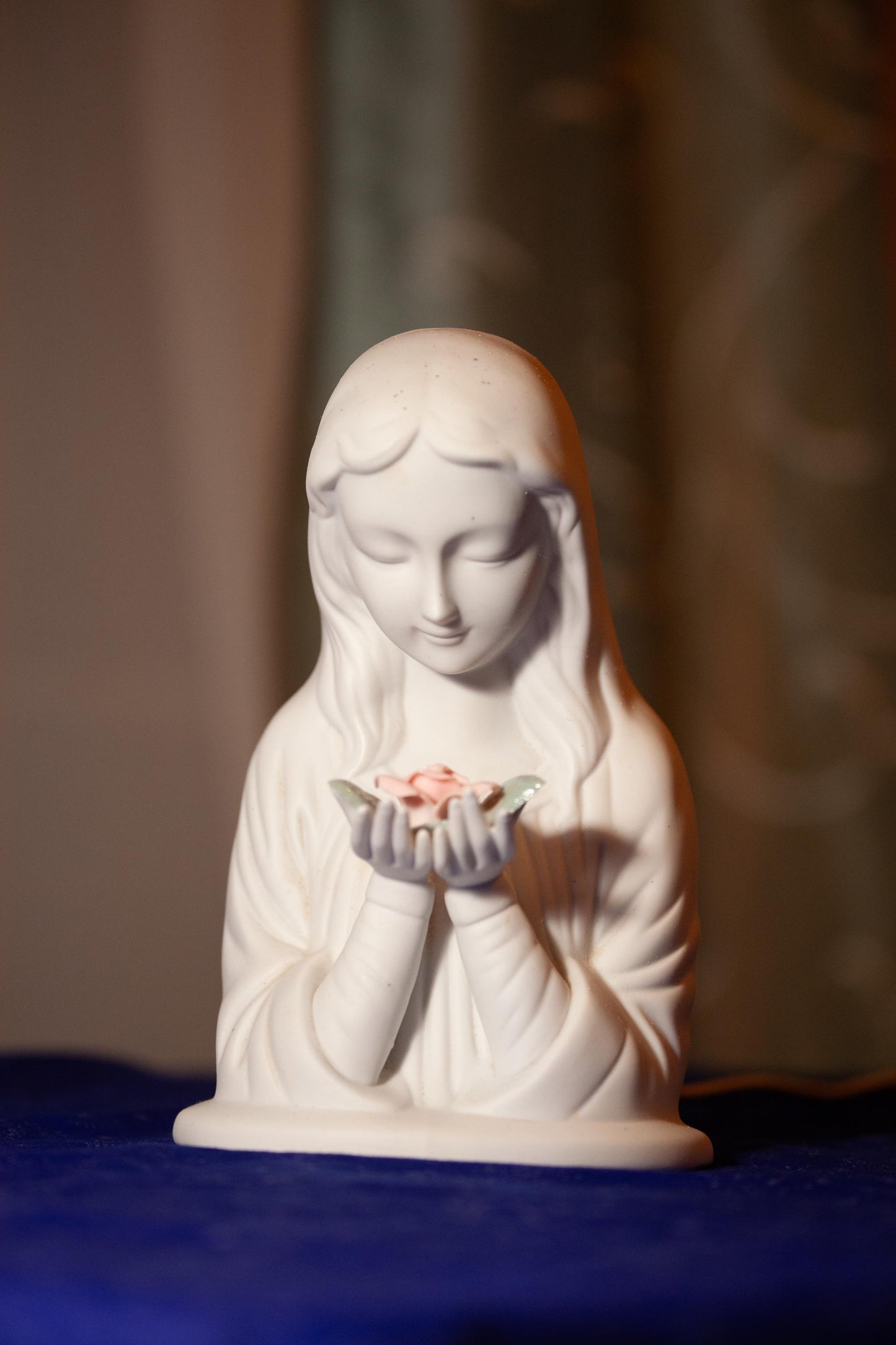 Vintage Mary with Rose Nightlight Statue, Porcelain, 7 inches, with LED Bulb, Wire, Plug