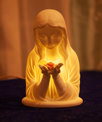 Vintage Mary with Rose Nightlight Statue, Porcelain, 7 inches, with LED Bulb, Wire, Plug