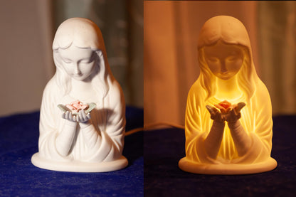 Vintage Mary with Rose Nightlight Statue, Porcelain, 7 inches, with LED Bulb, Wire, Plug