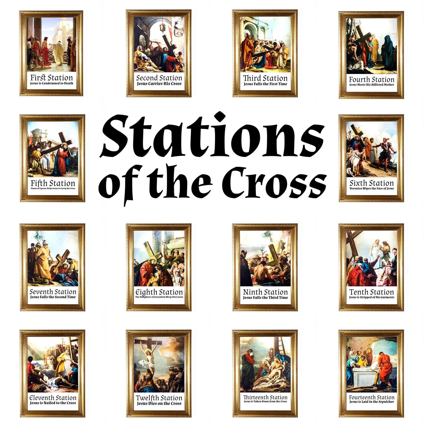 Stations of the Cross, Set of 14 Hand-Framed 5x7 Prints—Original Design with Restored Antique Artwork—Gold Frame