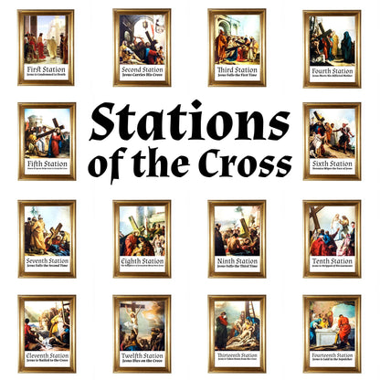 Stations of the Cross, Set of 14 Hand-Framed 5x7 Prints—Original Design with Restored Antique Artwork—Gold Frame