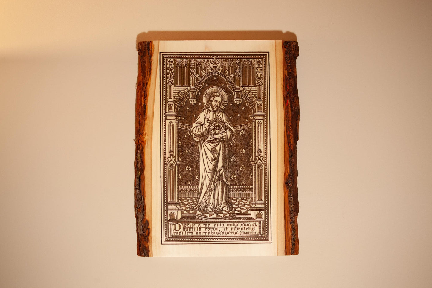 Our Lady of Grace 9" x 11" Laser-Engraved Wood Wall Art with Bark Edge, Engraved in the USA, Catholic Living