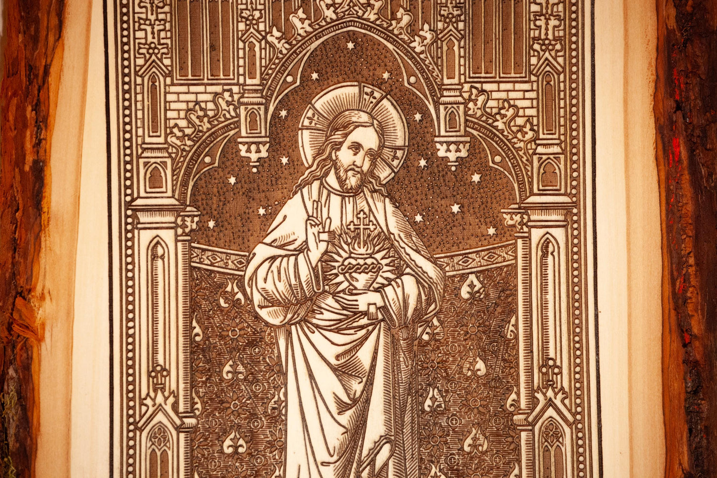 Our Lady of Grace 9" x 11" Laser-Engraved Wood Wall Art with Bark Edge, Engraved in the USA, Catholic Living