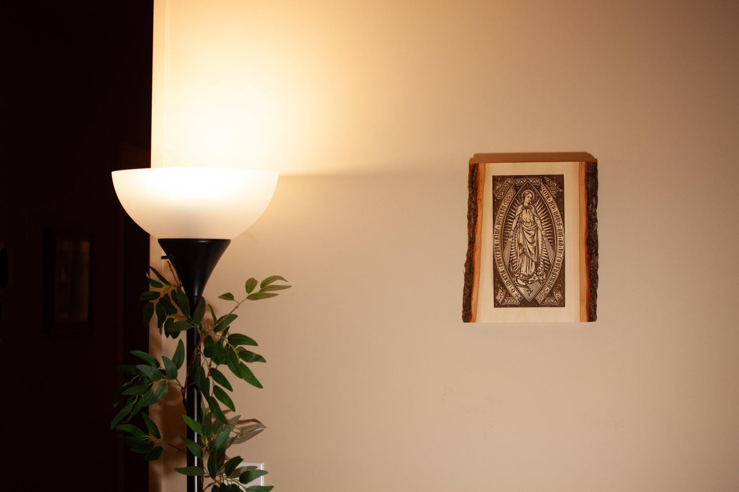 Our Lady of Grace 9" x 11" Laser-Engraved Wood Wall Art with Bark Edge, Engraved in the USA, Catholic Living