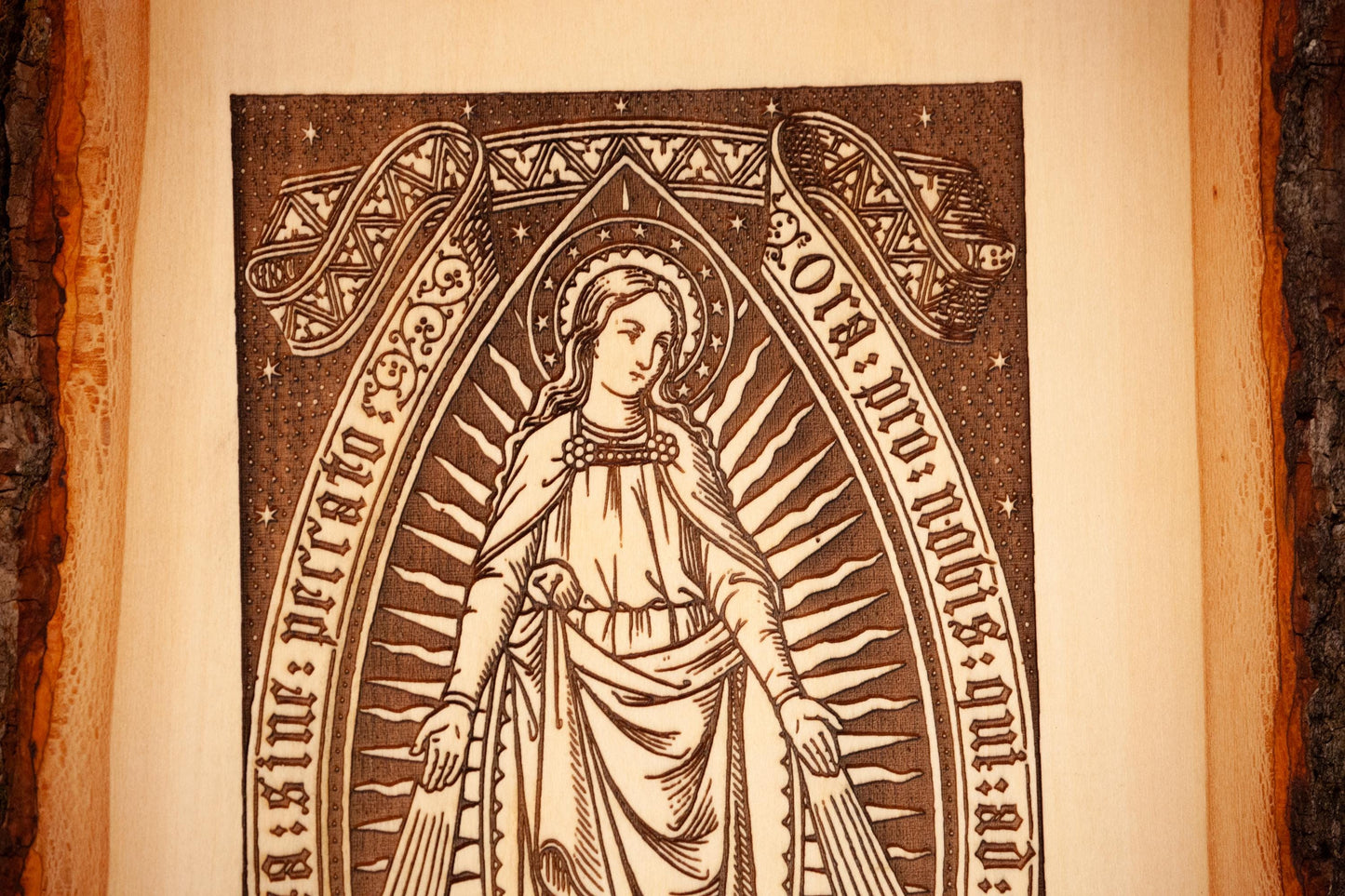 Our Lady of Grace 9" x 11" Laser-Engraved Wood Wall Art with Bark Edge, Engraved in the USA, Catholic Living