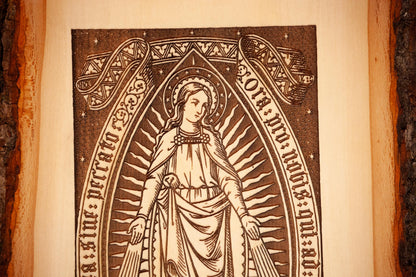 Our Lady of Grace 9" x 11" Laser-Engraved Wood Wall Art with Bark Edge, Engraved in the USA, Catholic Living