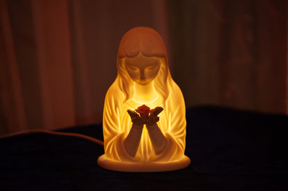 Vintage Mary with Rose Nightlight Statue, Porcelain, 7 inches, with LED Bulb, Wire, Plug