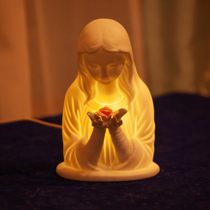 Vintage Mary with Rose Nightlight Statue, Porcelain, 7 inches, with LED Bulb, Wire, Plug