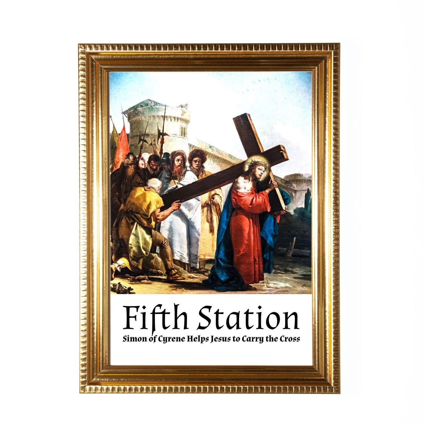 Stations of the Cross, Set of 14 Hand-Framed 5x7 Prints—Original Design with Restored Antique Artwork—Gold Frame