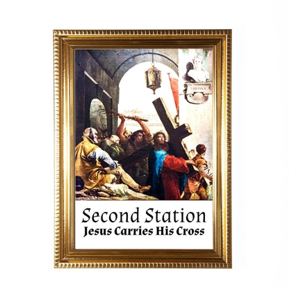 Stations of the Cross, Set of 14 Hand-Framed 5x7 Prints—Original Design with Restored Antique Artwork—Gold Frame