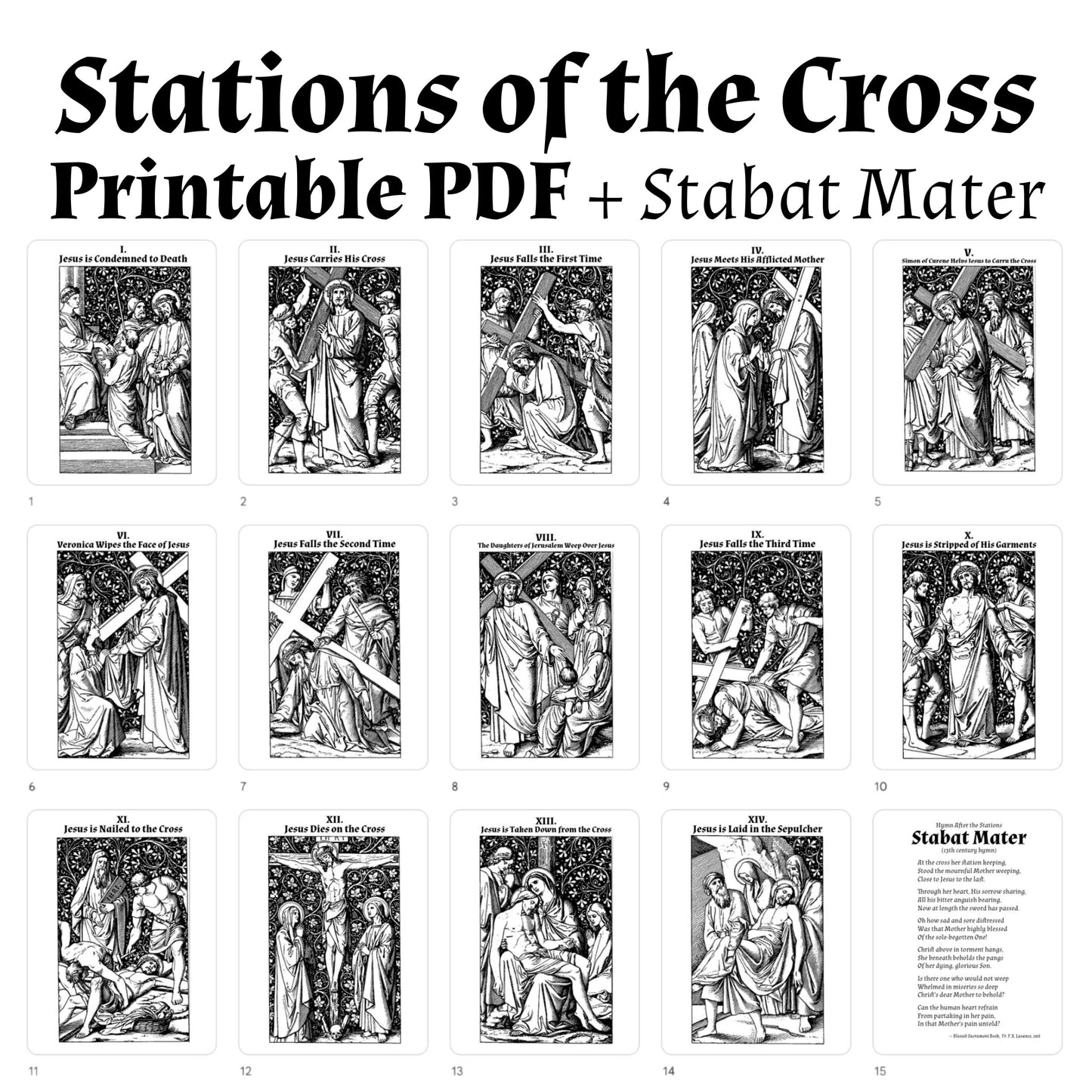 Printable Stations of the Cross PDF – 14 Classic Catholic Images + Stabat Mater – 8.5x11 Posters for Lent, Prayer, Study (Digital Download)