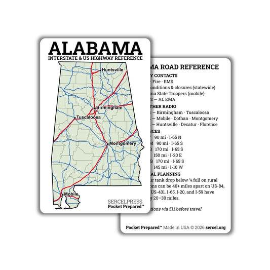 Alabama Interstate Highway Map Wallet Card – Emergency Navigation Reference – Waterproof EDC Road Map – Pocket Prepared™ Plastic Card