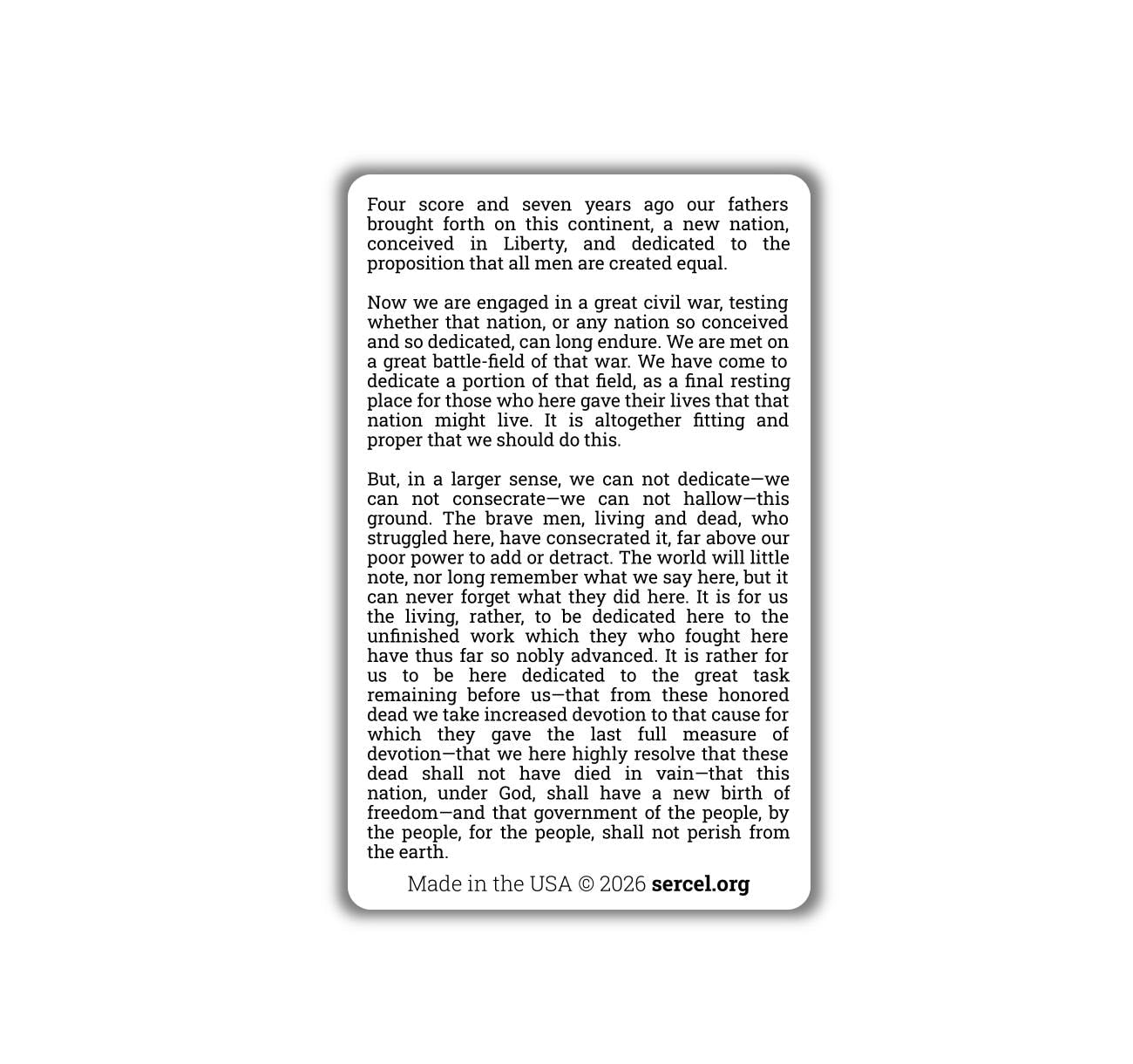Gettysburg Address Wallet Card – Abraham Lincoln Speech – Durable Plastic EDC Card – US History, Patriotic Gift, Classroom