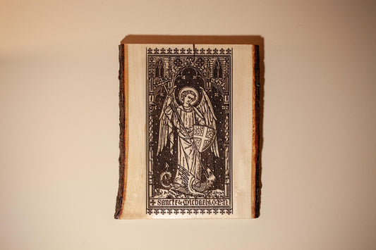Saint Michael the Archangel, 8.5 x 11 inch Laser-Engraved Wood Wall Art with Bark Edge, Engraved in the USA, Catholic Living