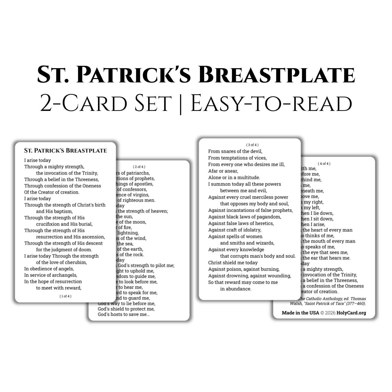 St. Patrick's Breastplate Prayer Card – Lorica of St. Patrick – 1 Card or 2 Card Set – Durable Plastic Catholic Holy Card – Made in the USA