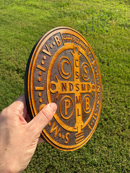 St. Benedict Medal Wall Art, Large 12" Catholic Wall Plaque, Deep Laser Engraved Wood Decor, House Blessing, Made in the USA