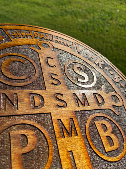 St. Benedict Medal Wall Art, Large 12" Catholic Wall Plaque, Deep Laser Engraved Wood Decor, House Blessing, Made in the USA