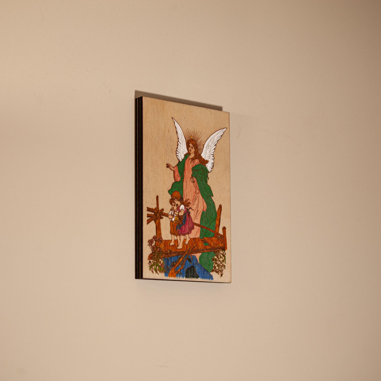 Guardian Angel Mini Wall Hanging – Hand-Colored - 4x6 Engraved Birch Wood Plaque – Made in the USA by SercelPress™ – Catholic Gift