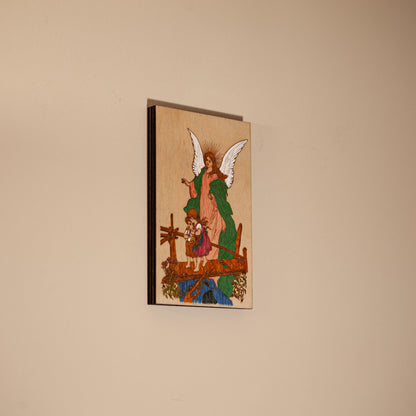 Guardian Angel Mini Wall Hanging – Hand-Colored - 4x6 Engraved Birch Wood Plaque – Made in the USA by SercelPress™ – Catholic Gift