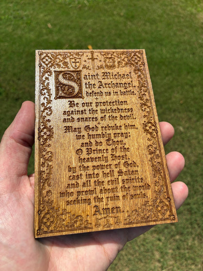 Saint Michael Prayer Mini Wall Hanging – 4x6 Engraved Birch Wood Plaque – Golden Oak Finish – Made in the USA – Catholic Gift