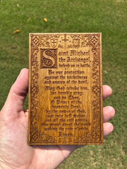 Saint Michael Prayer Mini Wall Hanging – 4x6 Engraved Birch Wood Plaque – Golden Oak Finish – Made in the USA – Catholic Gift
