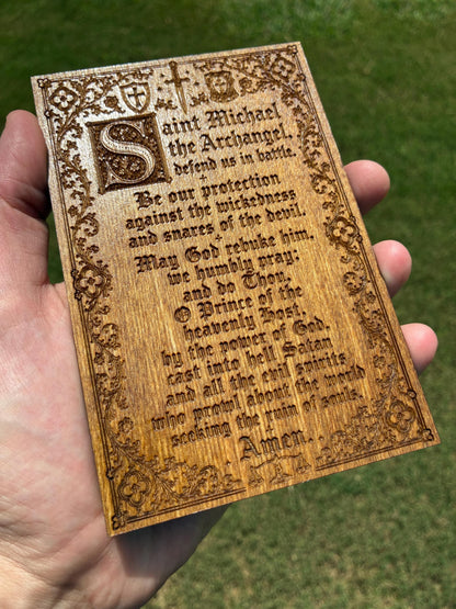 Saint Michael Prayer Mini Wall Hanging – 4x6 Engraved Birch Wood Plaque – Golden Oak Finish – Made in the USA – Catholic Gift