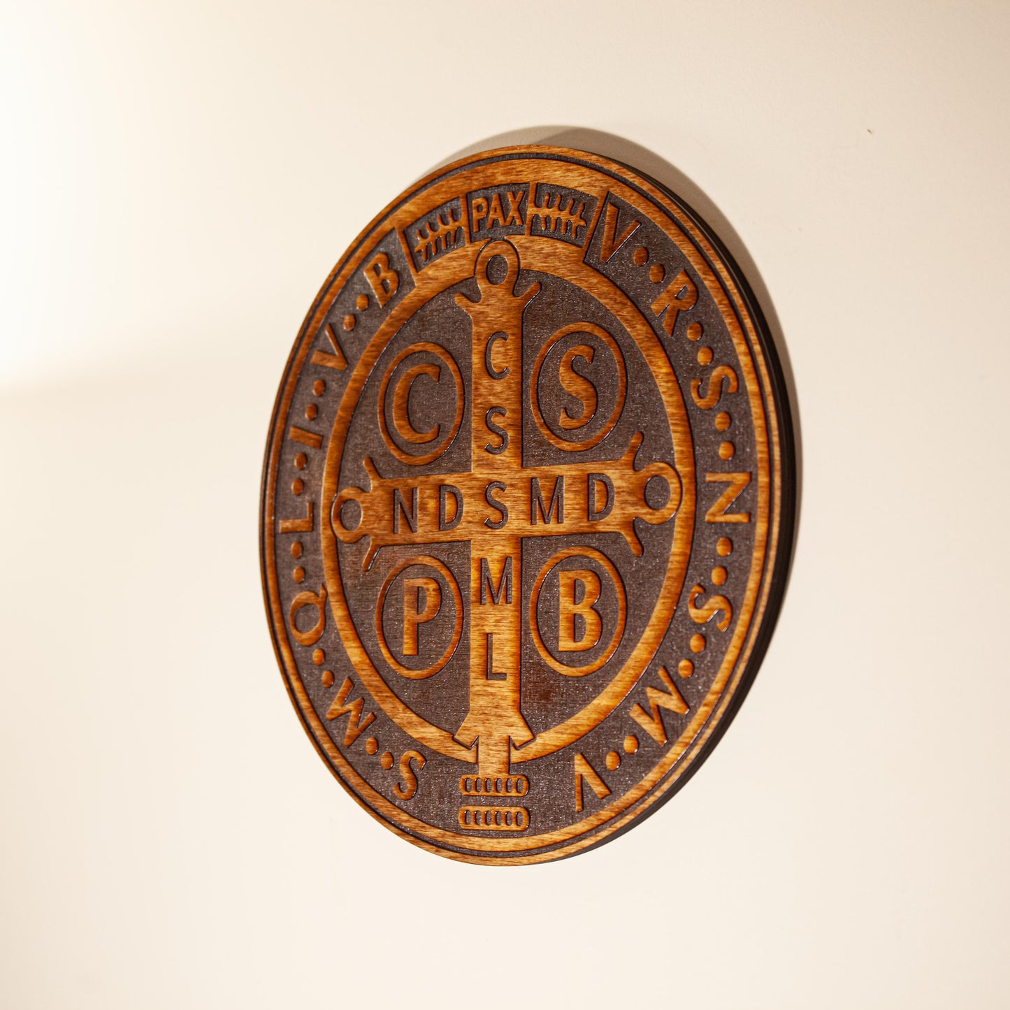 St. Benedict Medal Wall Art, Large 12" Catholic Wall Plaque, Deep Laser Engraved Wood Decor, House Blessing, Made in the USA