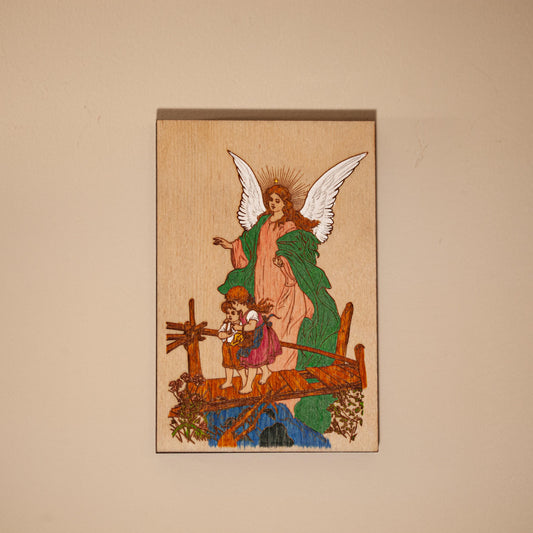 Guardian Angel Mini Wall Hanging – Hand-Colored - 4x6 Engraved Birch Wood Plaque – Made in the USA by SercelPress™ – Catholic Gift