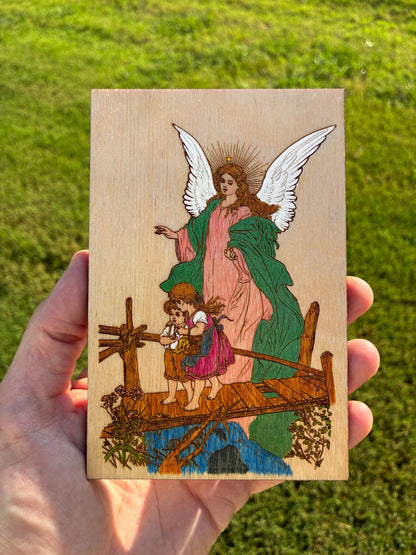 Guardian Angel Mini Wall Hanging – Hand-Colored - 4x6 Engraved Birch Wood Plaque – Made in the USA by SercelPress™ – Catholic Gift