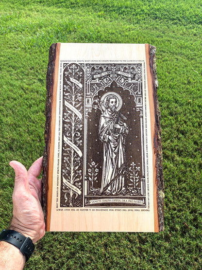 Saint Joseph the Worker Live Edge Wood Wall Art – Large 10x16 Laser Engraved Catholic Plaque – Rustic Bark Edge – Made in the USA