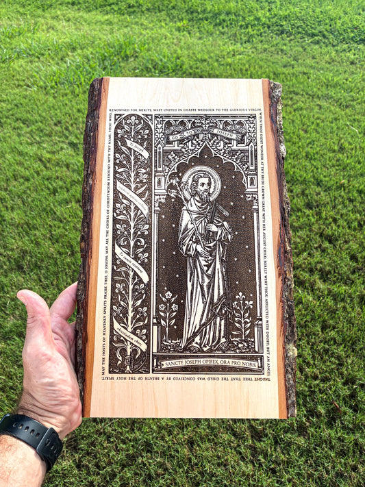 Saint Joseph the Worker Live Edge Wood Wall Art – Large 10x16 Laser Engraved Catholic Plaque – Rustic Bark Edge – Made in the USA