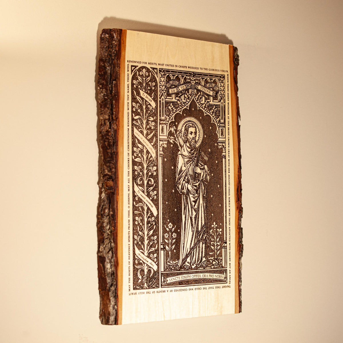 Saint Joseph the Worker Live Edge Wood Wall Art – Large 10x16 Laser Engraved Catholic Plaque – Rustic Bark Edge – Made in the USA