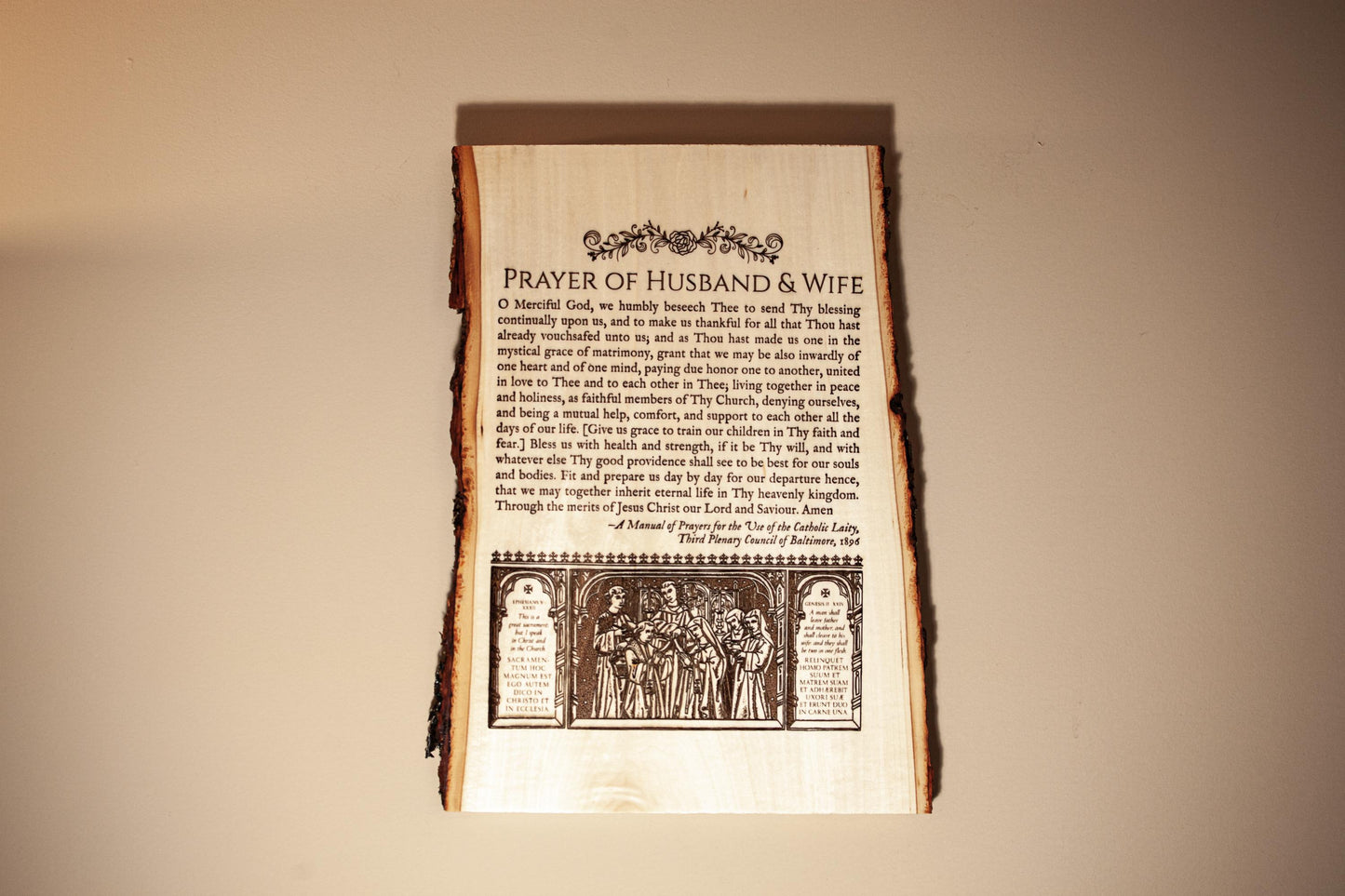Catholic Prayer of Husband & Wife 9x13" Engraved Wood Wall Plaque – Rustic Live Edge Wedding Gift – Anniversary Gift – Made in the USA