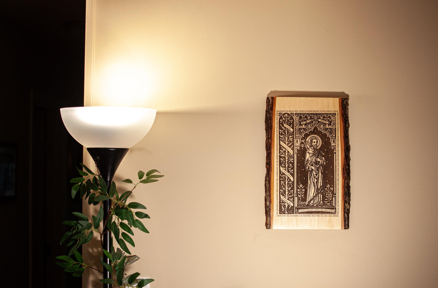 Saint Joseph the Worker Live Edge Wood Wall Art – Large 10x16 Laser Engraved Catholic Plaque – Rustic Bark Edge – Made in the USA