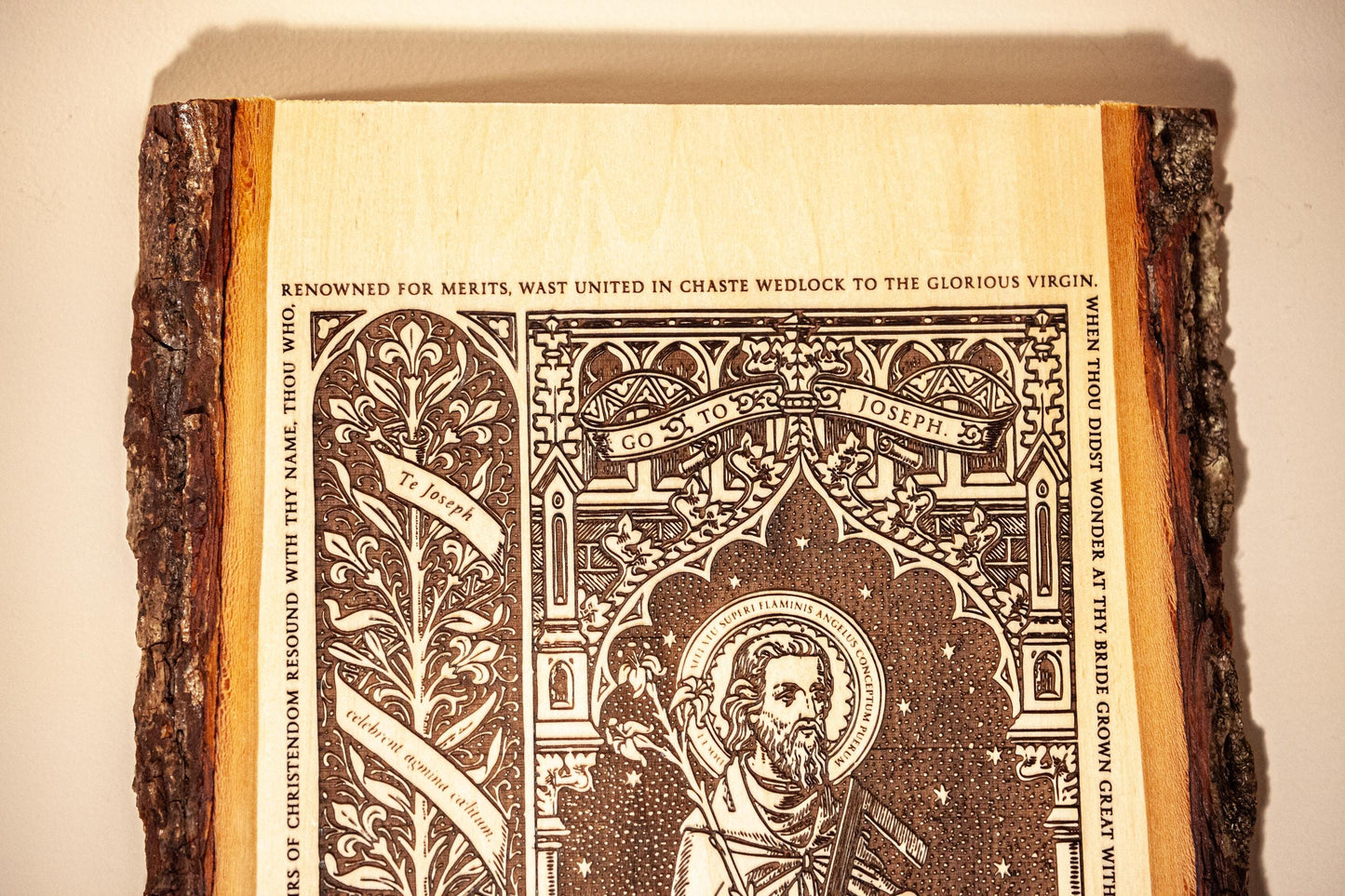 Saint Joseph the Worker Live Edge Wood Wall Art – Large 10x16 Laser Engraved Catholic Plaque – Rustic Bark Edge – Made in the USA