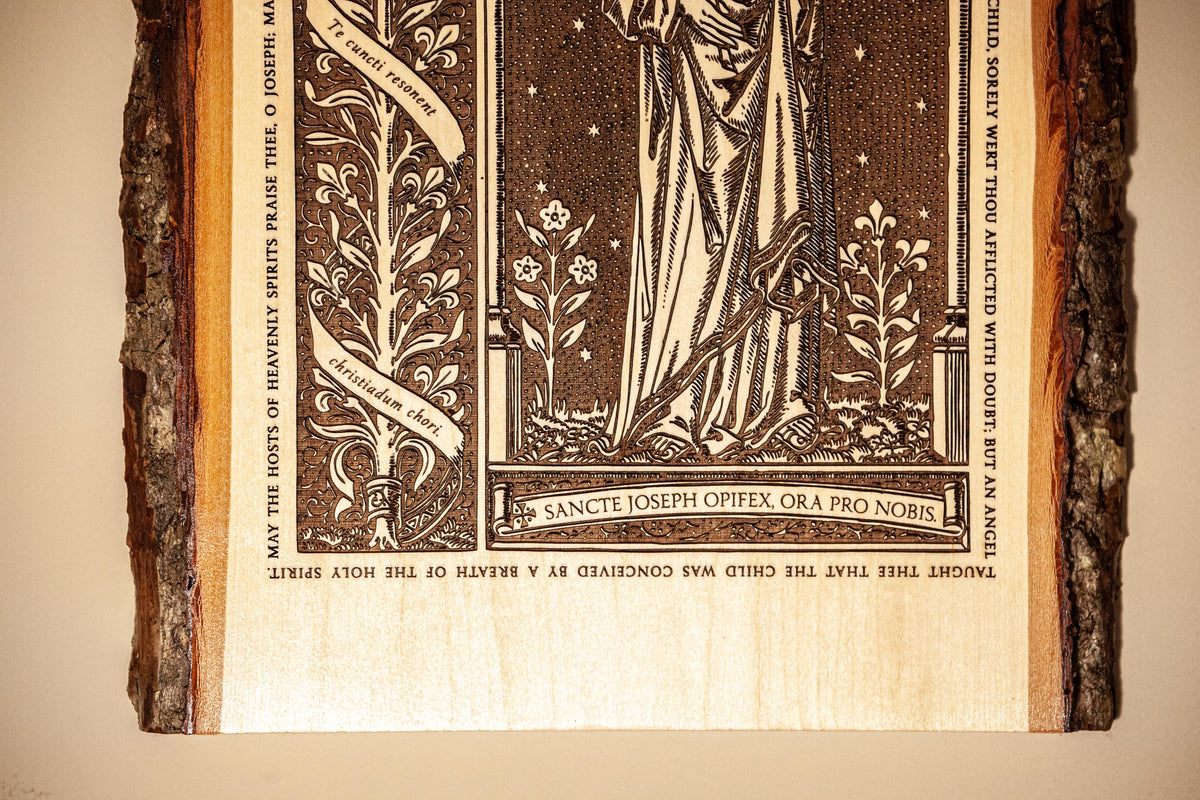 Saint Joseph the Worker Live Edge Wood Wall Art – Large 10x16 Laser Engraved Catholic Plaque – Rustic Bark Edge – Made in the USA