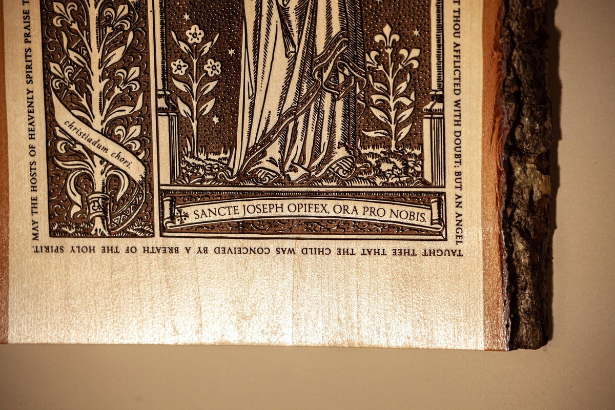 Saint Joseph the Worker Live Edge Wood Wall Art – Large 10x16 Laser Engraved Catholic Plaque – Rustic Bark Edge – Made in the USA