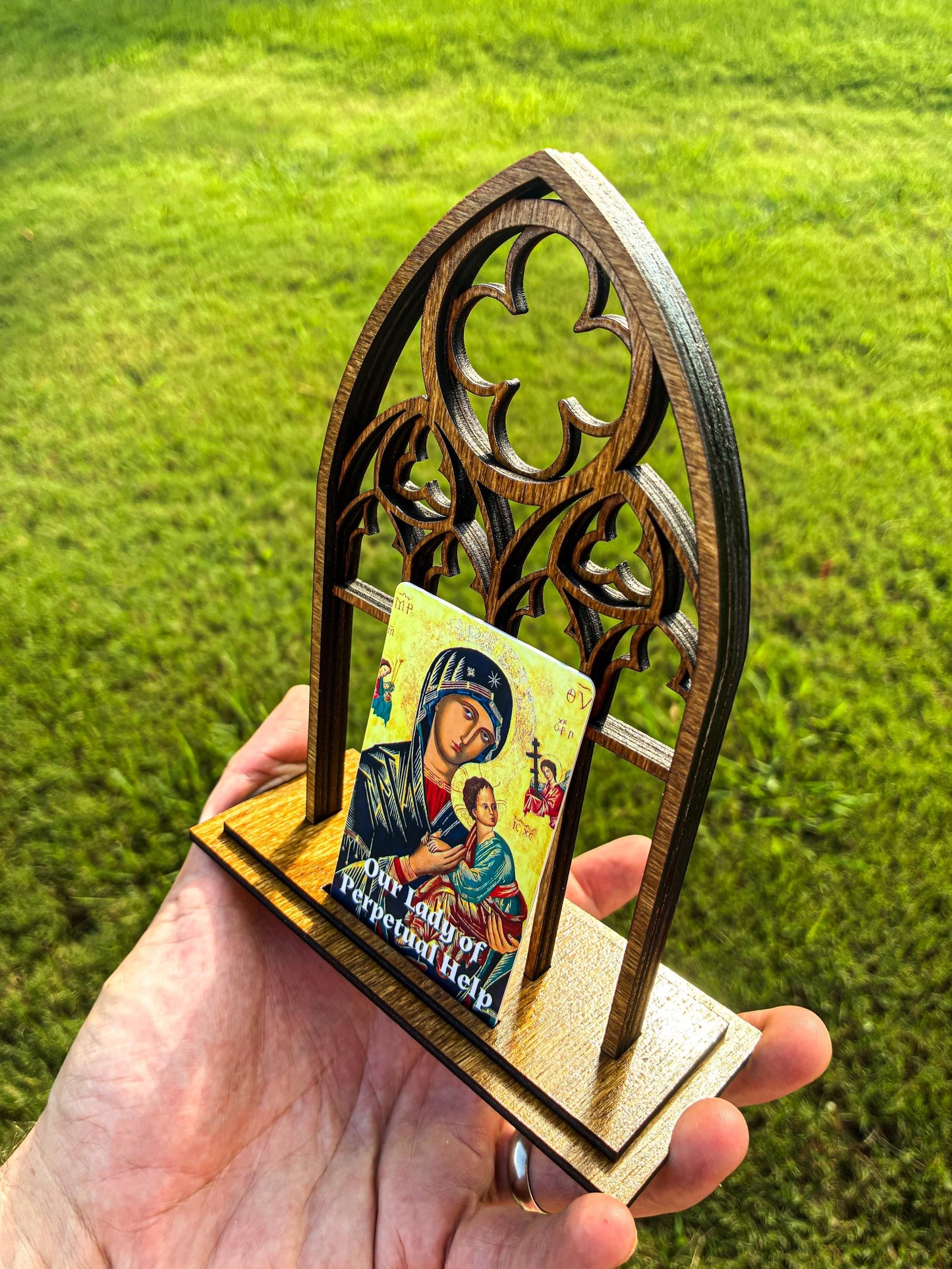 Gothic Cathedral Holy Card Display - Wood Stand for Pocket PrayerFulls™ Holy Cards - Catholic Desk, Shelf, Prayer Corner - Made in USA