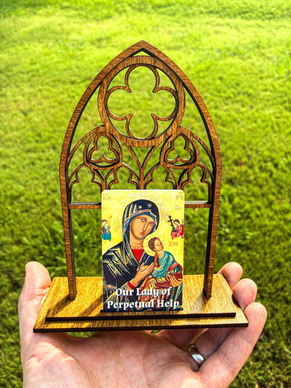 Gothic Cathedral Holy Card Display - Wood Stand for Pocket PrayerFulls™ Holy Cards - Catholic Desk, Shelf, Prayer Corner - Made in USA